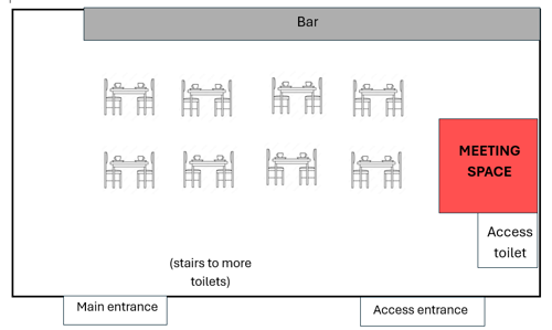 Floor plan of the puffer showing the main entrance with seats in front and the bar beyond. To the right hand side is the meeting space with an accessible toilet next to it.