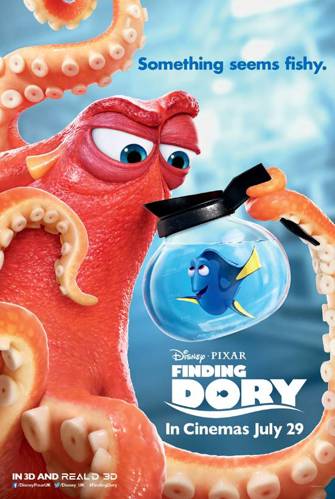 Piodster for the film Finding Dory that displays an octopus looking inside a glass fish bowl that contains main character, Dory the fish with the words 'something seems fishy' in blue text
